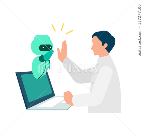 一名男子一邊在電腦前工作，一邊高興地與人工智慧機器人擊掌。 137277100