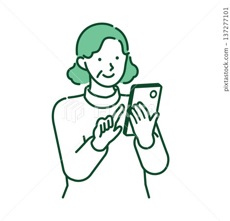 一位微笑的老年女性正在操作智慧型手機，上半身線條畫。 137277101