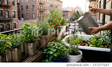 Urban Farmer Watering Plants on City Balcony Garden with Metal Watering Can 137277287