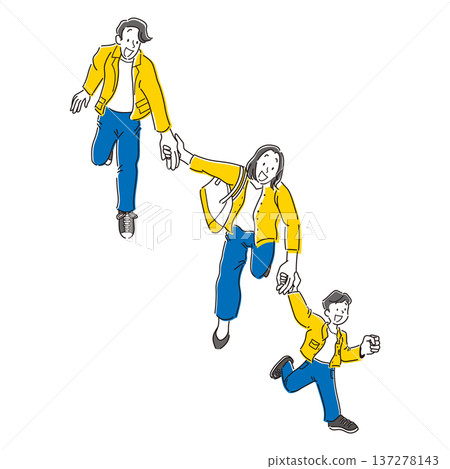 A simple illustration of a family running with a smile holding hands A simple illustration of a family running with a smile holding hands 137278143