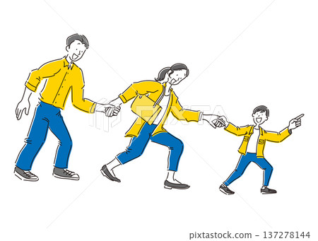 一幅簡單的插圖,描繪了一家人手牽手,微笑著散步。 一幅簡單的插圖,描繪了一家人手牽手,微笑著散步。 137278144