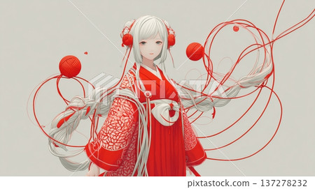 日式插畫，描繪了一位身穿紅色和服、白髮飄逸的少女。 137278232