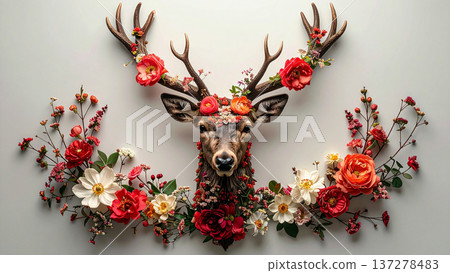 背景是各種花卉和鹿臉 137278483