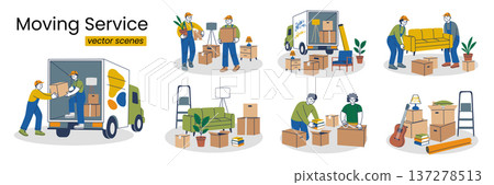 Moving service vector scenes collection. Professional movers loading furniture, packing boxes, carrying items. Flat cartoon illustration with trucks, workers in uniform, household goods 137278513