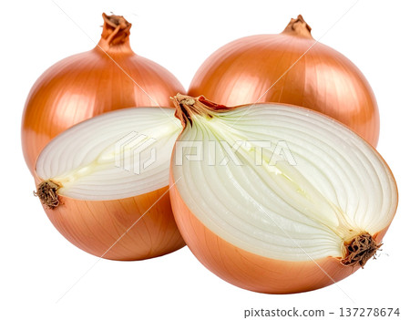 A fresh assortment of onions that shine brightly against a white background, showcasing the vibrant colors of the season A fresh assortment of onions that shine brightly against a white background, showcasing the vibrant colors of the season 137278674