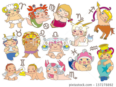 Illustrated icons of children dressed as the 12 constellations Illustrated icons of children dressed as the 12 constellations 137278892