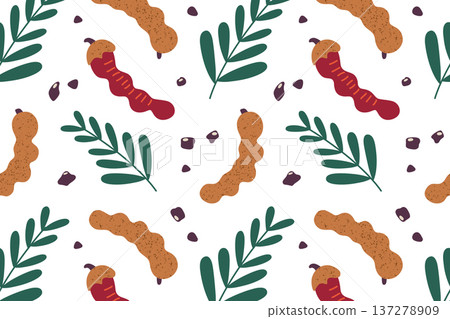 Seamless pattern with tamarind pods, leaves and seeds on white background. Botanical illustration in flat cartoon style. Vector design for cooking, kitchen textiles, food packaging, colored clipart 137278909