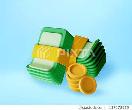 3D Stack of green paper currency and gold coins. 137278979