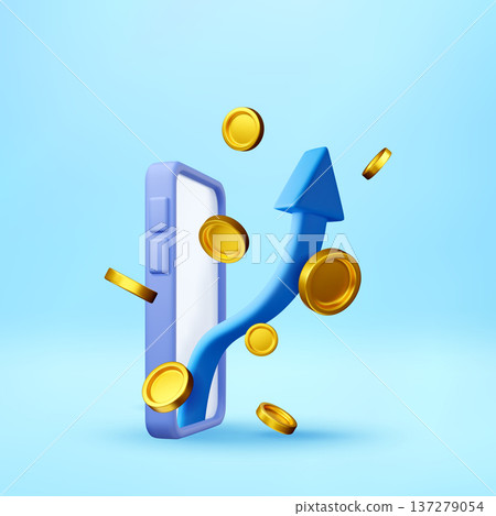 3D phone with blue rising arrow and golden coin. 3D phone with blue rising arrow and golden coin. 137279054