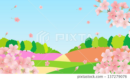 春日櫻花與藍天風景插畫背景素材 137279076