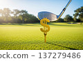 A gold dollar sign depicting a golf ball with a club at impact. The dollar's value fluctuations.  137279486