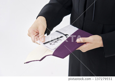 A woman in mourning clothes offering a condolence gift from a cloth, white background, no face 137279551