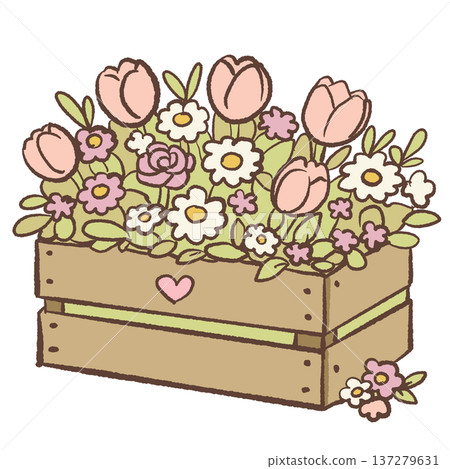 Wooden crate filled with spring flowers tulips daisies and roses cute hand drawn floral box illustration rustic garden arrangement for farmhouse decor botanical designs and greeting cards 137279631
