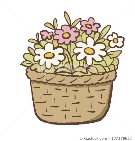 Wicker basket filled with spring flowers daisies and wildflowers cute hand drawn floral arrangement illustration rustic garden basket for botanical designs greeting cards and farmhouse decor Wicker basket filled with spring flowers daisies and wildflowers cute hand drawn floral arrangement illustration rustic garden basket for botanical designs greeting cards and farmhouse decor 137279633
