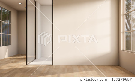 Black frame glass door of white wall inner room on wooden parquet floor with sunlight through window Black frame glass door of white wall inner room on wooden parquet floor with sunlight through window 137279697
