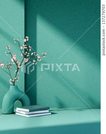Pile of books and sakura flower in creative vase on floor with sunlight shining in green wall room. Pile of books and sakura flower in creative vase on floor with sunlight shining in green wall room. 137279703