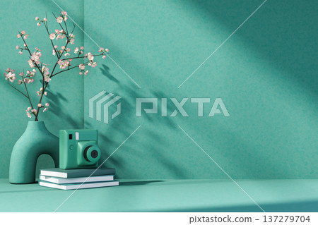 Open book and purple flowers in vase on floor with sunlight shining through window in blue wall room Open book and purple flowers in vase on floor with sunlight shining through window in blue wall room 137279704