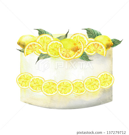Lemon cake decorated with fresh fruit, slices and leaves. Hand drawn watercolor illustration. Yummy bakery dessert for wedding, birthday dessert, party food festive decor. Isolated from background 137279712