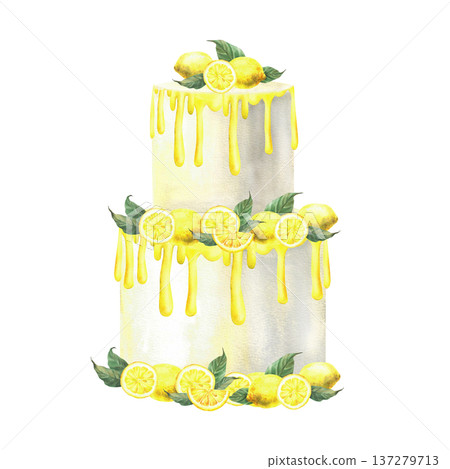 Wedding cake with lemon fruit. Layered white dessert with dripping yellow icing, decorated with whole lemons and slices with leaves hand drawn in watercolor. Isolated from background illustration 137279713