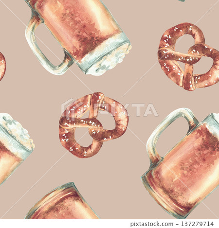 Watercolor Mug of Beer with pretzel seamless pattern. Pint light beer, glass of ale realistic painted Germany food and drink. Hand drawn on isolated beige background illustration. Bavarian Oktoberfest 137279714