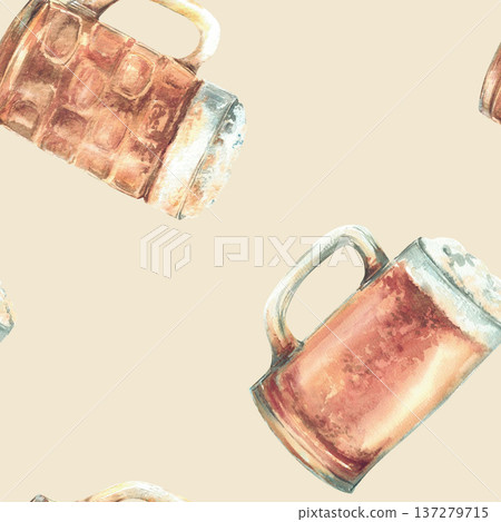 Beer mug with light beer and foam seamless pattern. Watercolor litre of beer, a pint of ale, traditional drink at Oktoberfest festival Hand drawn illustration fabric on isolated beige brown background Beer mug with light beer and foam seamless pattern. Watercolor litre of beer, a pint of ale, traditional drink at Oktoberfest festival Hand drawn illustration fabric on isolated beige brown background 137279715