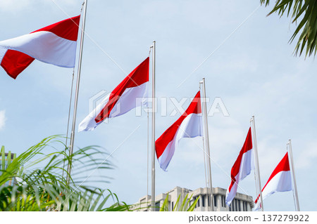 Indonesian flag hoisted under a blue sky / Red and white flag symbolizing the nation 137279922