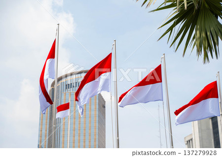Indonesian flag hoisted under a blue sky / Red and white flag symbolizing the nation 137279928