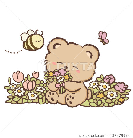 Cute bear smelling small flower bouquet surrounded by spring flowers with bee and butterfly kawaii animal garden illustration with tulips daisies and roses for greeting cards nursery decor and floral Cute bear smelling small flower bouquet surrounded by spring flowers with bee and butterfly kawaii animal garden illustration with tulips daisies and roses for greeting cards nursery decor and floral 137279954