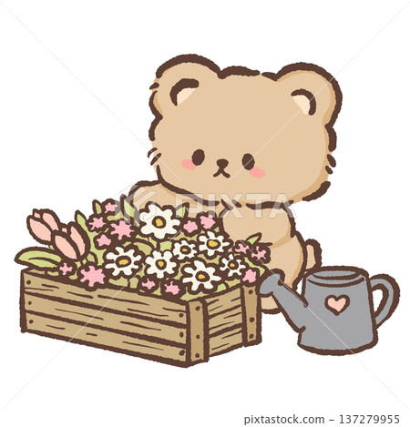 Cute bear watering spring flowers in wooden crate with watering can kawaii gardener bear illustration with tulips daisies and roses garden scene for floral designs greeting cards and nursery decor Cute bear watering spring flowers in wooden crate with watering can kawaii gardener bear illustration with tulips daisies and roses garden scene for floral designs greeting cards and nursery decor 137279955