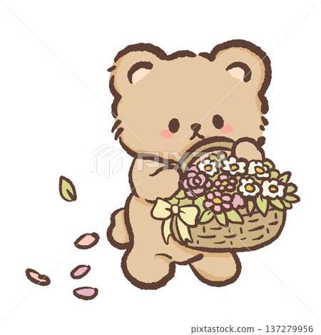 Cute bear carrying spring flower basket with falling petals kawaii florist bear illustration with daisies roses and pastel blossoms floral shop character for greeting cards nursery decor and spring de Cute bear carrying spring flower basket with falling petals kawaii florist bear illustration with daisies roses and pastel blossoms floral shop character for greeting cards nursery decor and spring de 137279956