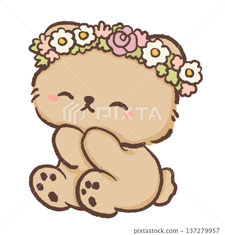 Cute bear wearing flower crown sitting happily kawaii animal illustration with pastel spring flowers daisies roses and blossoms adorable woodland character for nursery decor greeting cards and floral  137279957