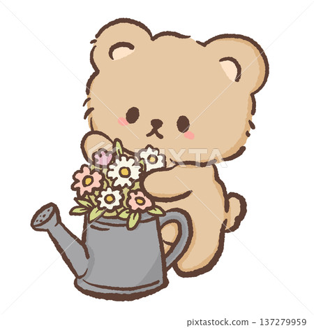 Cute bear arranging spring flowers in watering can kawaii gardener bear illustration with daisies roses and pastel blossoms floral garden character for greeting cards nursery decor Cute bear arranging spring flowers in watering can kawaii gardener bear illustration with daisies roses and pastel blossoms floral garden character for greeting cards nursery decor 137279959