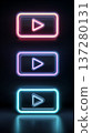 Neon play button icon glowing video symbol modern user interface dark background blue pink light minimalist design media control futuristic style 137280131