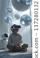 Child VR headset robot companion virtual reality bubble futuristic technology wonder 137280132