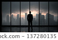 Businessman silhouette city skyline office window sunset reflection Confident businessman silhouette modern office window, city skyline sunset 137280135