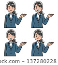 Illustration of a smiling Southeast Asian woman in a suit guiding customers (left hand raised, color) 137280228