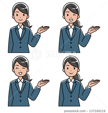 Illustration of a smiling foreign woman in a suit guiding (left hand raised, color) 137280228