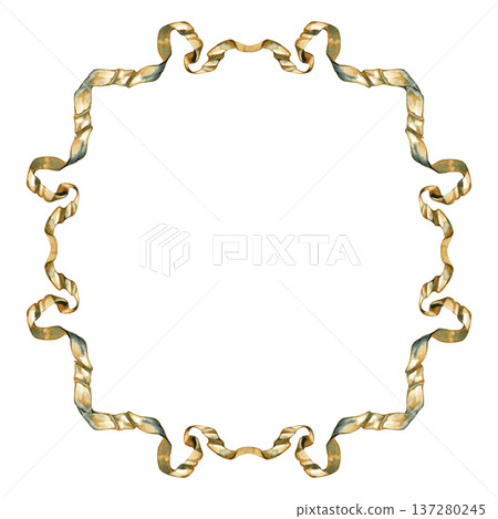 Ornate watercolor frame made of flowing vintage ribbons in gold and blue tones. A decorative square border with elegant curves, ideal for wedding invitations and classic stationery design. Ornate watercolor frame made of flowing vintage ribbons in gold and blue tones. A decorative square border with elegant curves, ideal for wedding invitations and classic stationery design. 137280245