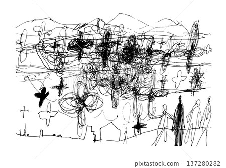 A monochrome line drawing of people living together under a sky full of flowers and distant mountains, hand-drawn with a pen A monochrome line drawing of people living together under a sky full of flowers and distant mountains, hand-drawn with a pen 137280282