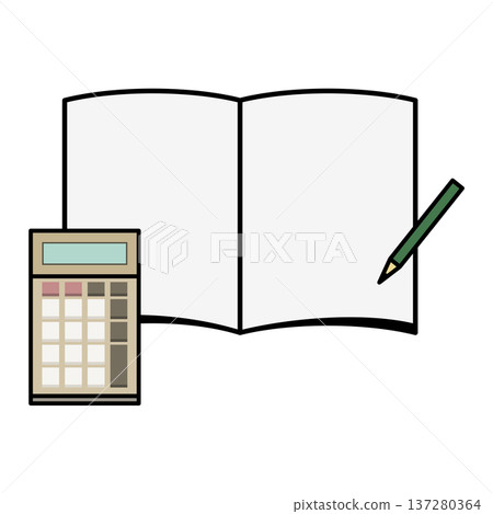 Illustration set of a calculator, a spread notebook and a pencil 137280364