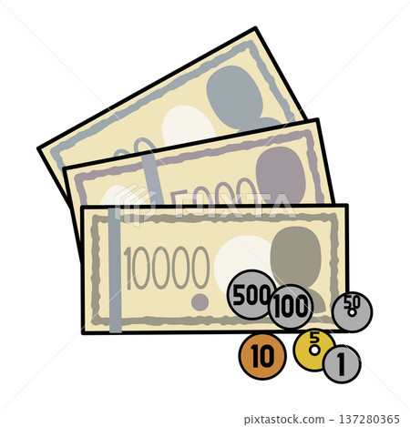 簡潔可愛的日元紙幣和硬幣套裝插圖 簡潔可愛的日元紙幣和硬幣套裝插圖 137280365