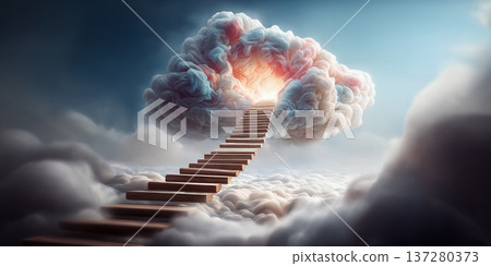 Warm sunlight guides gentle cloudcovered trail. Golden rays shine over serene walks amid soft cloud formations beneath clear blue sky 137280373