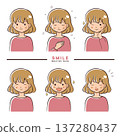 A set of facial expressions of a semi-long-haired woman's natural smile and emotions 137280437