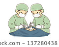 Medical scene illustration of a team of doctors performing surgery in the operating room 137280438