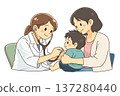 Illustration of a pediatric medical examination scene where a doctor examines a child with a stethoscope 137280440
