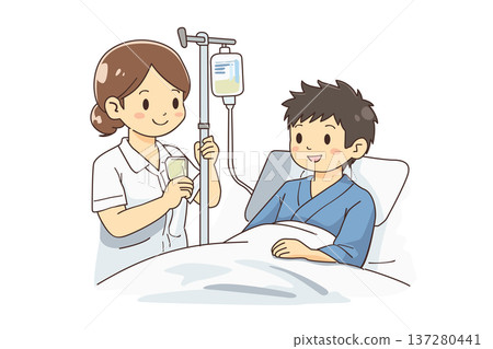 醫院內,一名住院病人正在接受醫療護理,一名護理師正在調整靜脈輸液管。 醫院內,一名住院病人正在接受醫療護理,一名護理師正在調整靜脈輸液管。 137280441