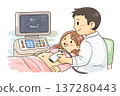 Illustration of a pregnancy examination scene with a doctor performing an abdominal ultrasound examination on a pregnant woman 137280443