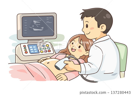 Illustration of a pregnancy examination scene with a doctor performing an abdominal ultrasound examination on a pregnant woman 137280443