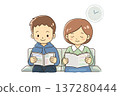 Waiting scene illustration of a man and woman reading a magazine in a hospital waiting room 137280444
