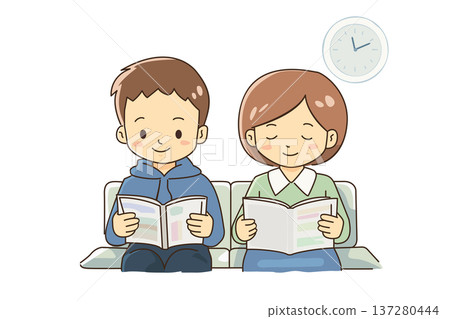 候診室場景插圖，描繪了一對男女在候診室閱讀雜誌。 137280444